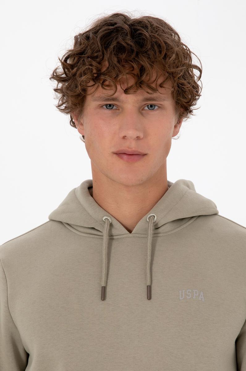 Erkek Regular Fit Kapüşonlu Şardonlu Açık Haki Basic Sweatshirt