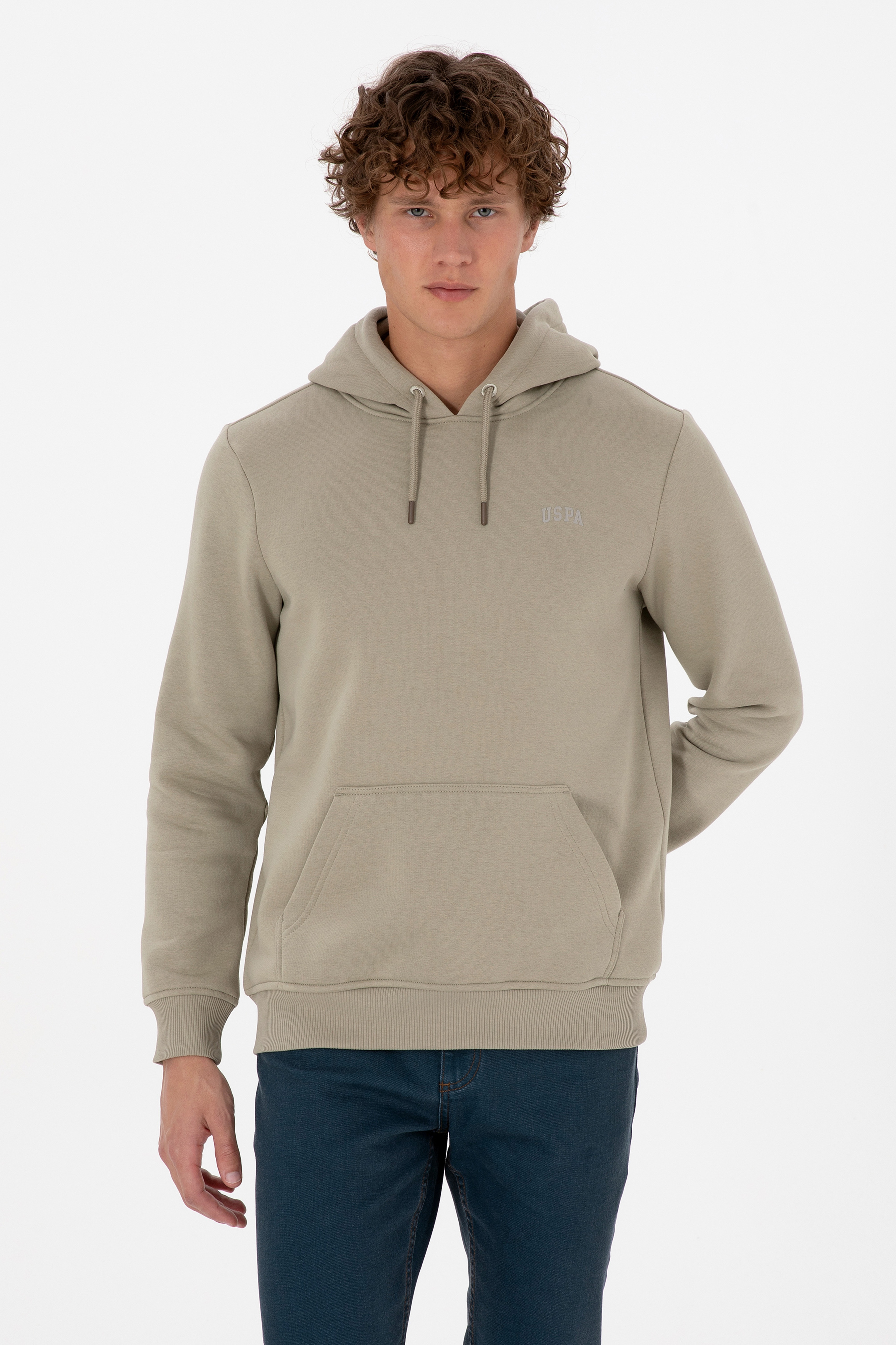 Erkek Regular Fit Kapüşonlu Şardonlu Açık Haki Basic Sweatshirt - Image 1