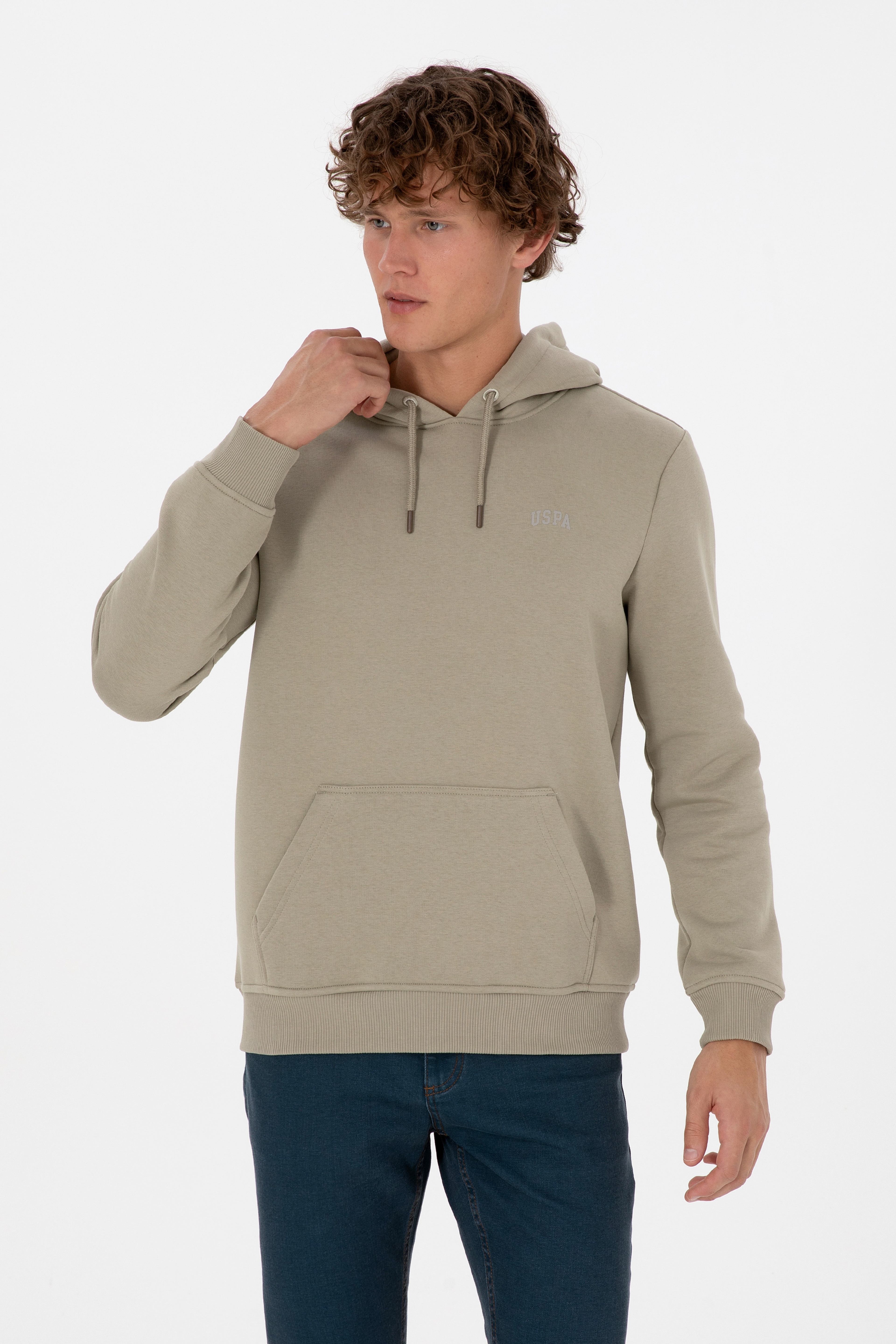 Erkek Regular Fit Kapüşonlu Şardonlu Açık Haki Basic Sweatshirt - Image 3