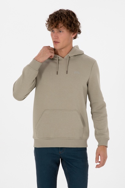 Erkek Regular Fit Kapüşonlu Şardonlu Açık Haki Basic Sweatshirt