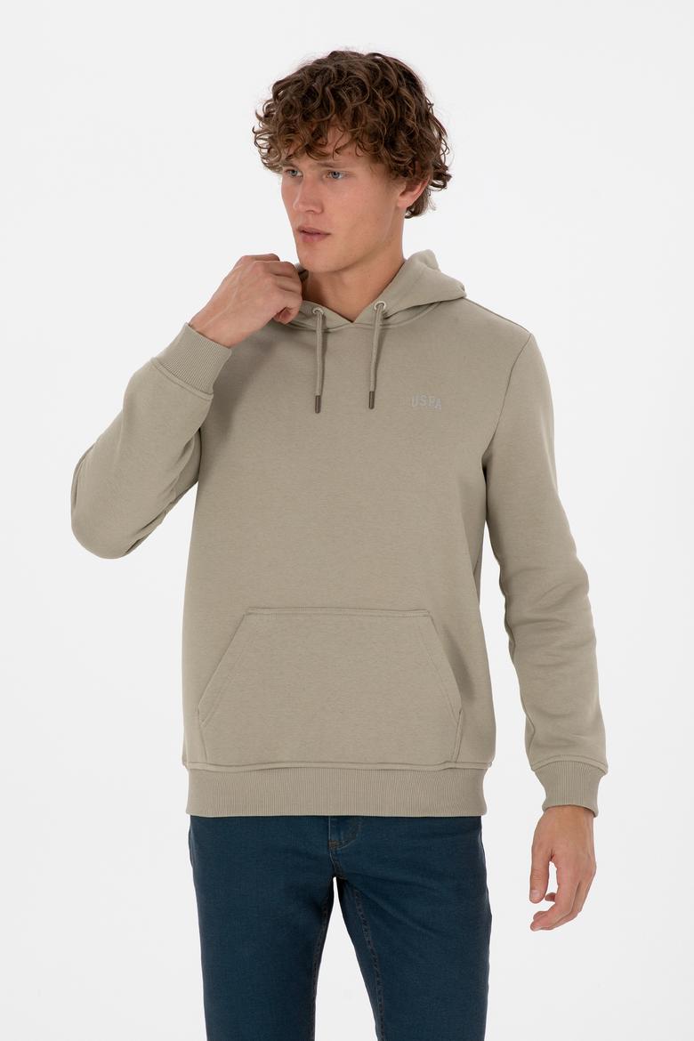 Erkek Regular Fit Kapüşonlu Şardonlu Açık Haki Basic Sweatshirt - 50315582149