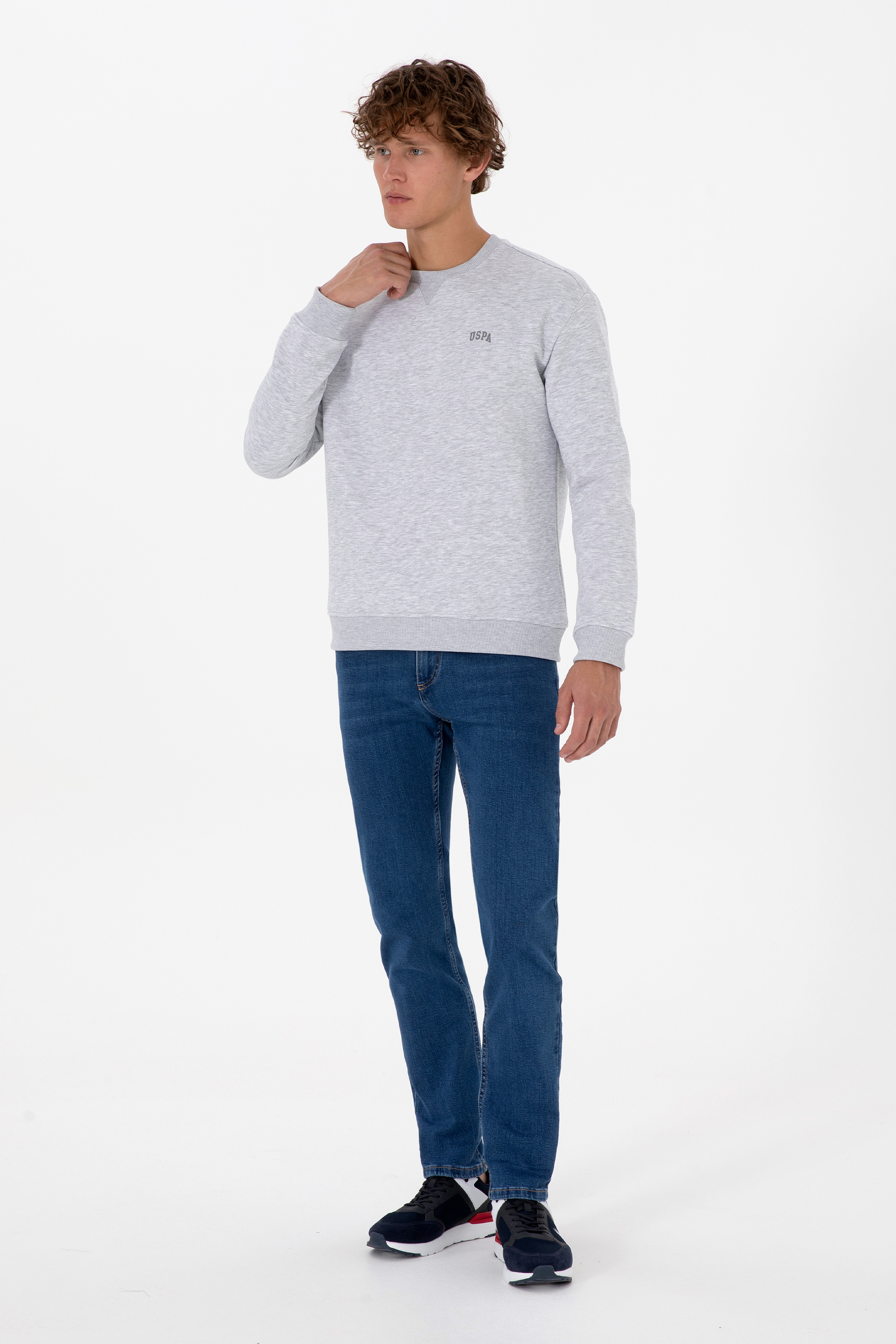 Erkek Comfort Fit Bisiklet Yaka Şardonlu Açık Gri Basic Sweatshirt