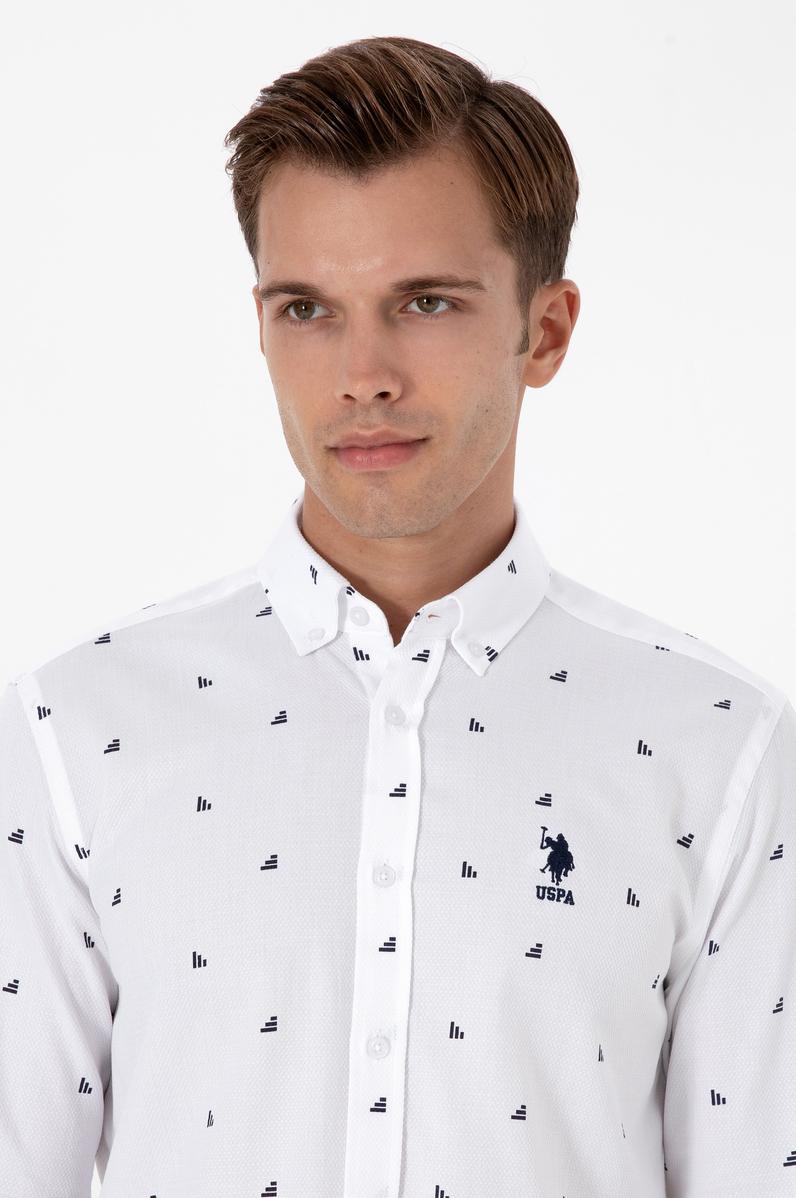 Erkek Beyaz Uzun Kollu Desenli Gömlek