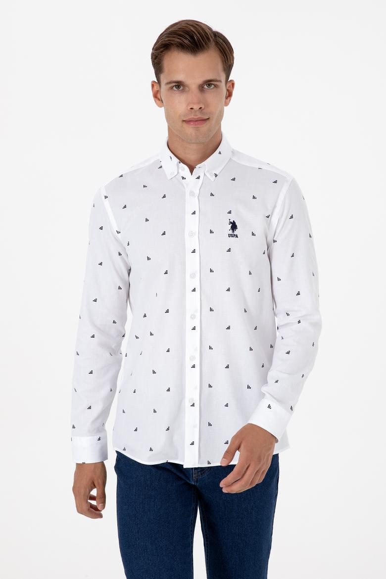Erkek Beyaz Uzun Kollu Desenli Gömlek