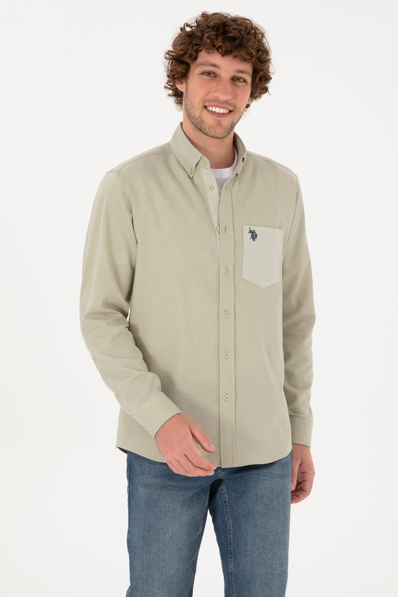 Erkek Açık Haki Uzun Kollu Cepli Gömlek