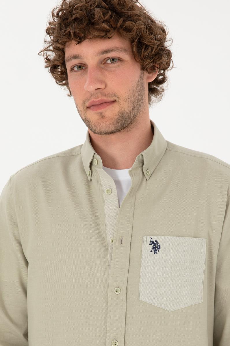 Erkek Açık Haki Uzun Kollu Cepli Gömlek