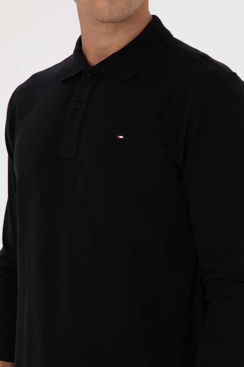 Erkek Regular Fit Polo Yaka Siyah Basic Sweatshirt