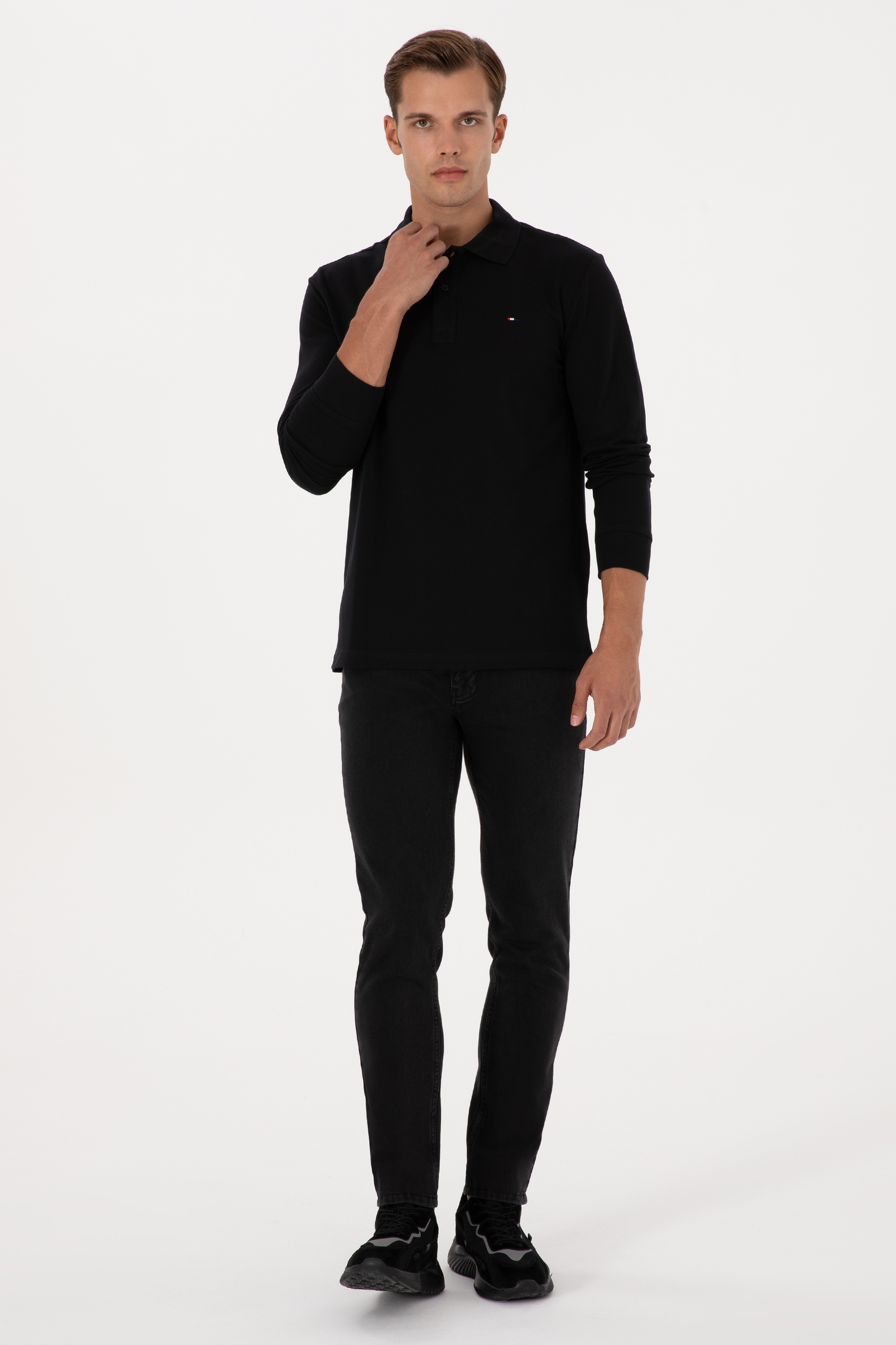 Erkek Regular Fit Polo Yaka Siyah Basic Sweatshirt - Image 4