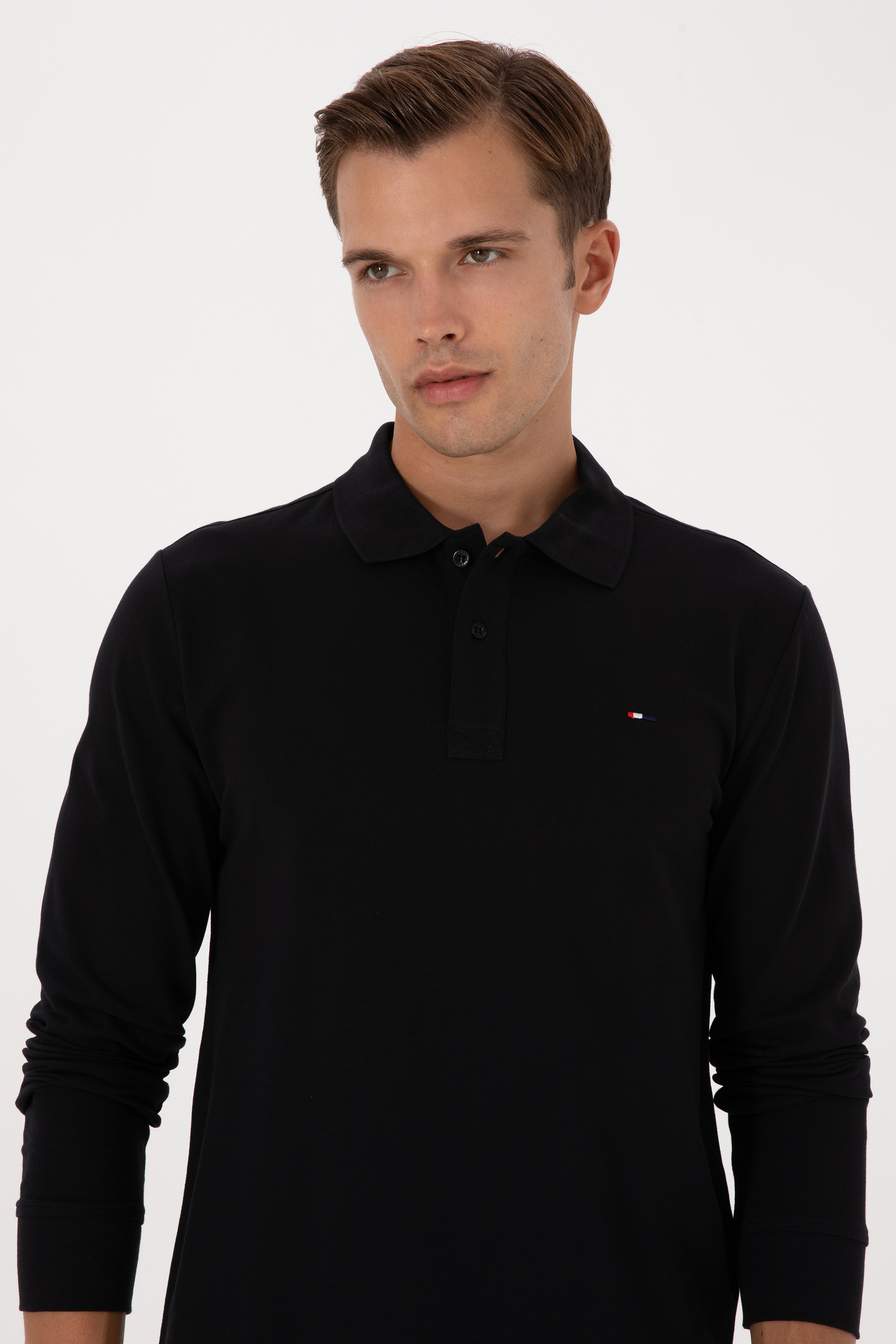Erkek Regular Fit Polo Yaka Siyah Basic Sweatshirt
