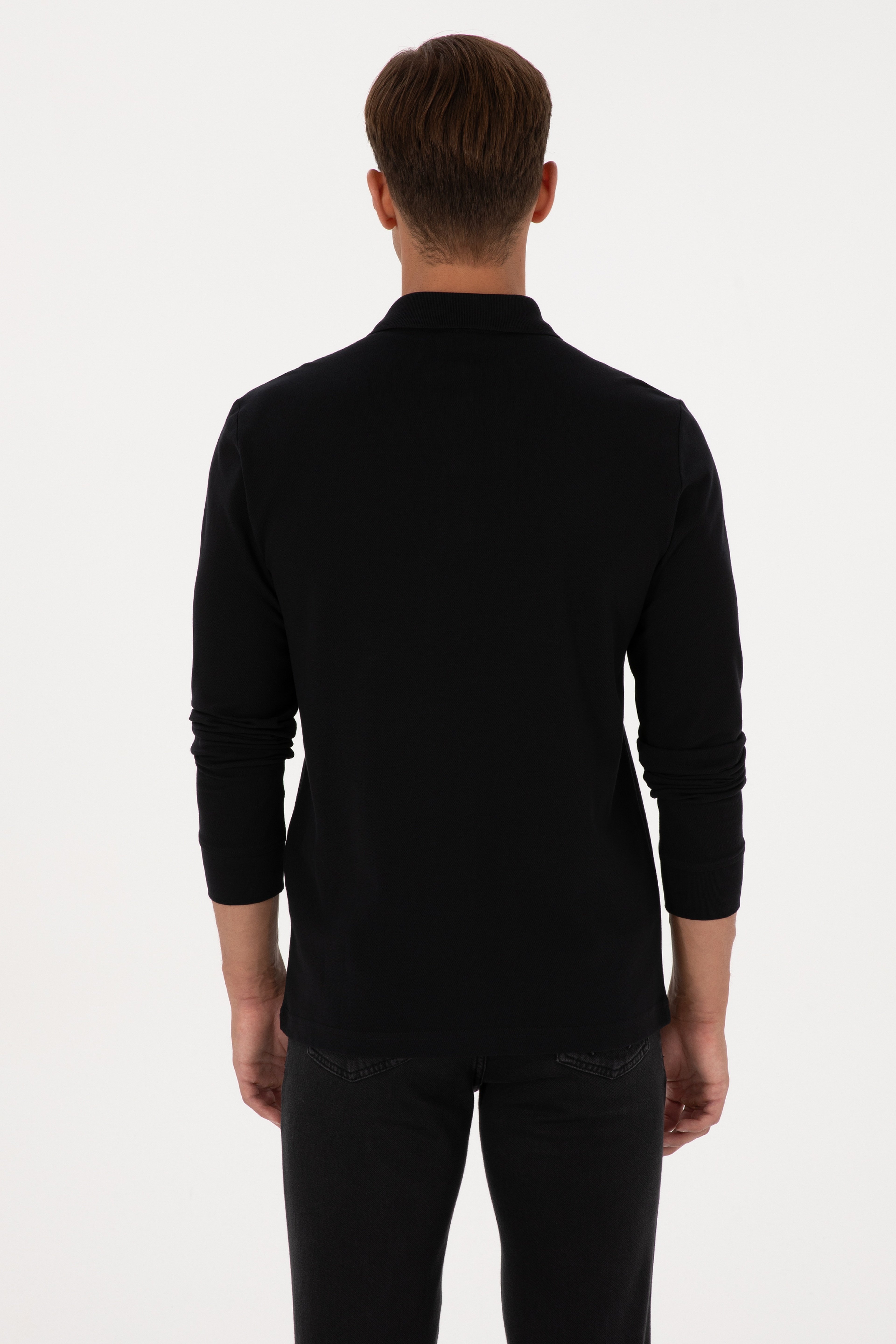 Erkek Regular Fit Polo Yaka Siyah Basic Sweatshirt
