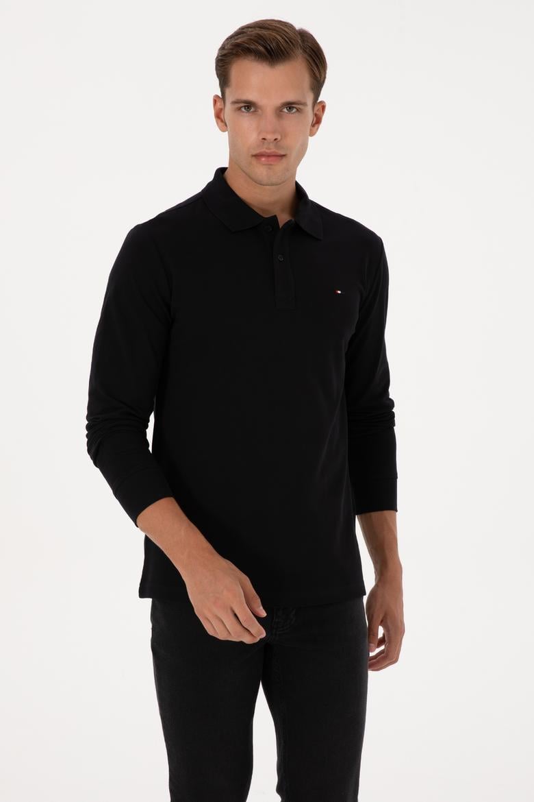 Erkek Regular Fit Polo Yaka Siyah Basic Sweatshirt