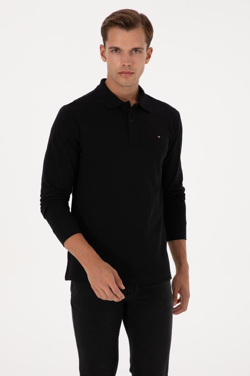 Erkek Regular Fit Polo Yaka Siyah Basic Sweatshirt
