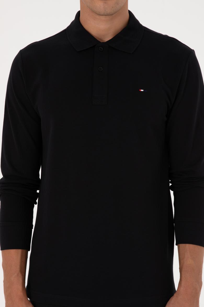 Erkek Regular Fit Polo Yaka Siyah Basic Sweatshirt - 50315941026