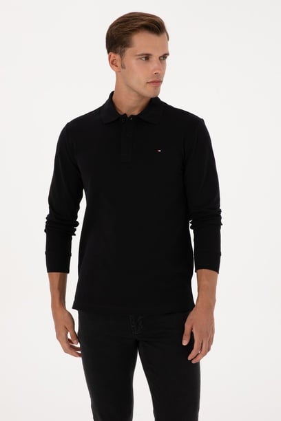 Erkek Regular Fit Polo Yaka Siyah Basic Sweatshirt
