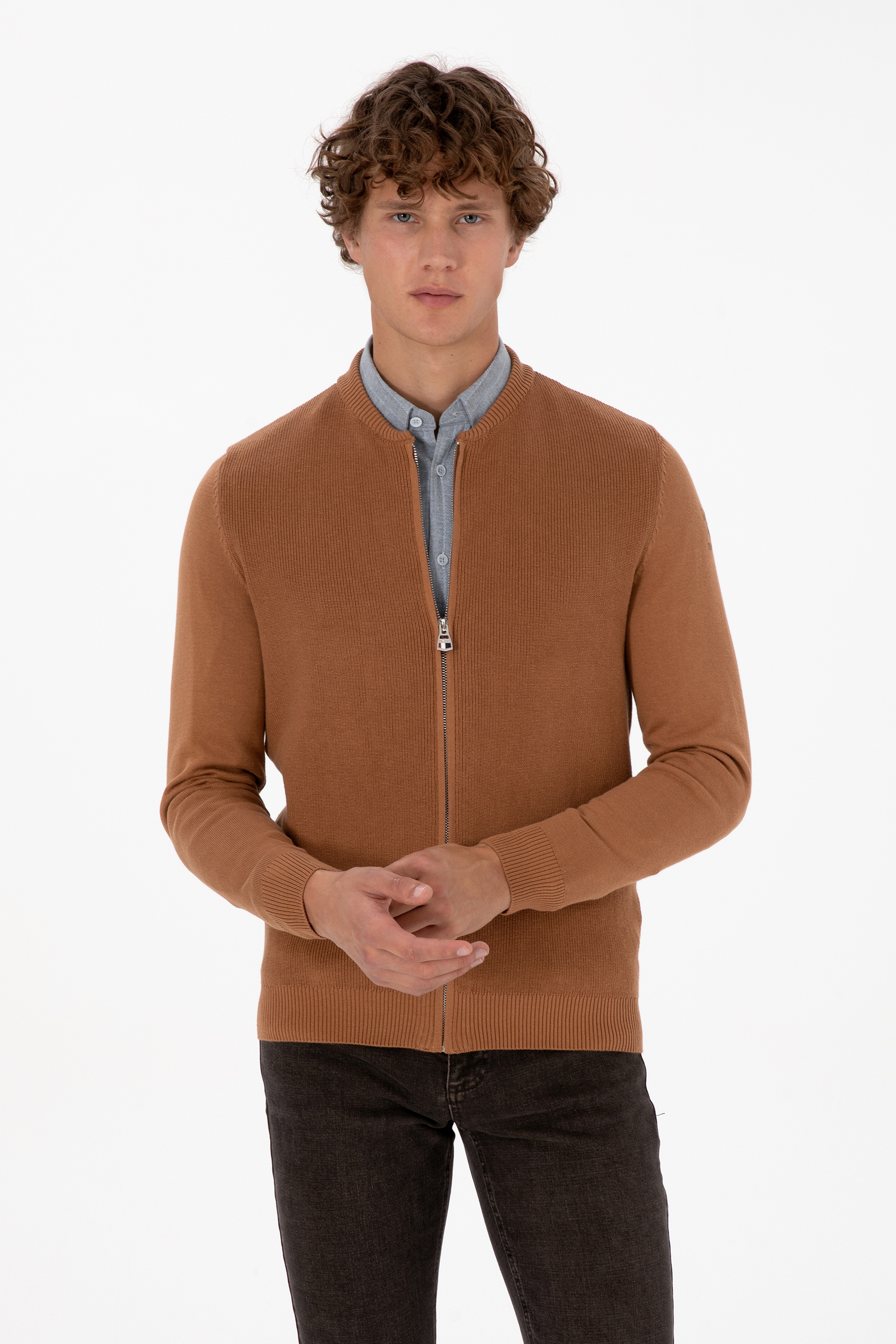 Erkek Camel Basic Triko Hırka - Image 1