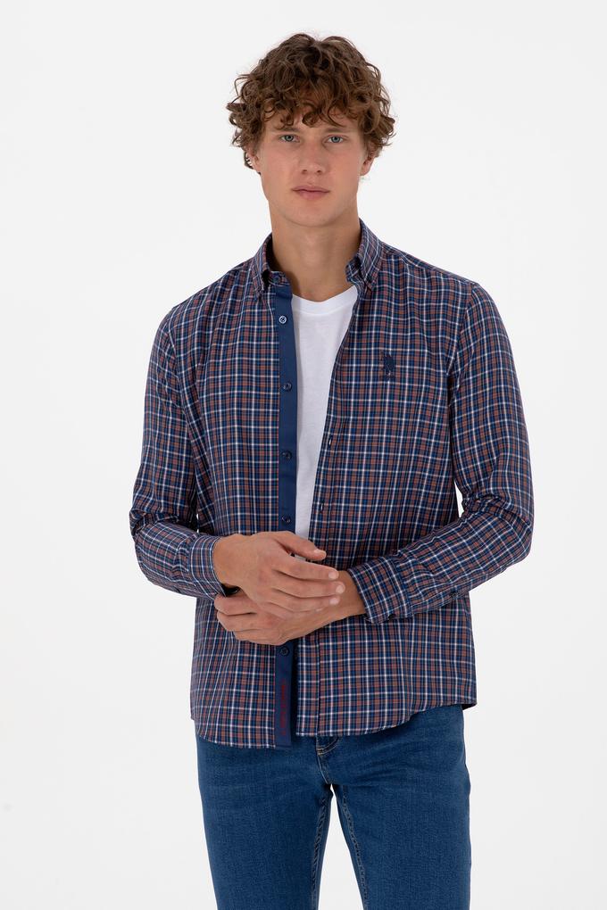 Erkek Bakır Ekoseli Uzun Kollu Lacivert Gömlek