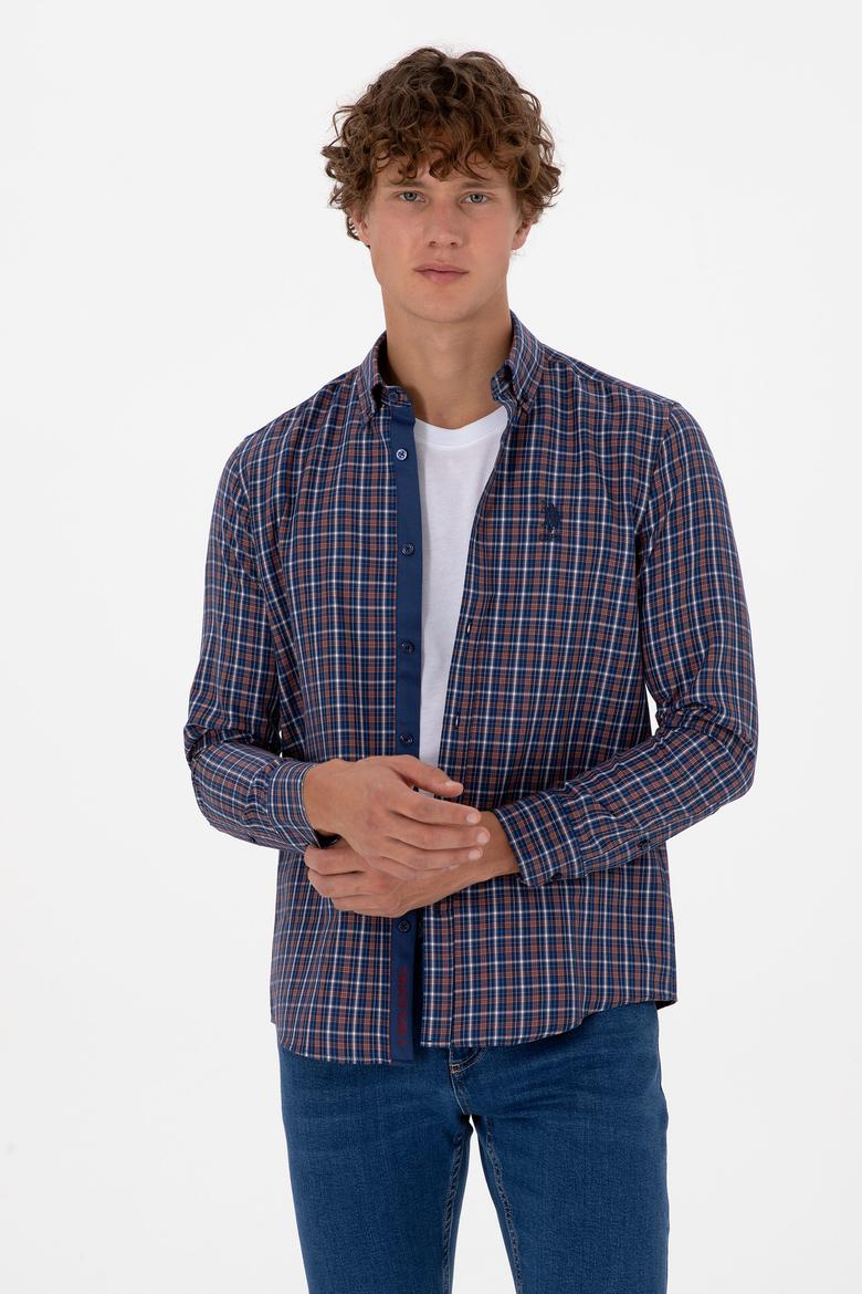 Erkek Bakır Ekoseli Uzun Kollu Lacivert Gömlek