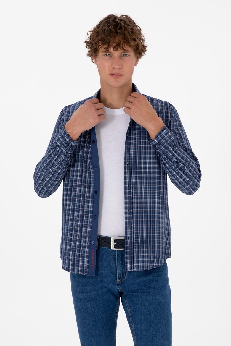 Erkek Mavi Ekoseli Uzun Kollu Lacivert Gömlek - 50316631014