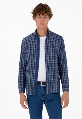 Erkek Mavi Ekoseli Uzun Kollu Lacivert Gömlek - 50316631014