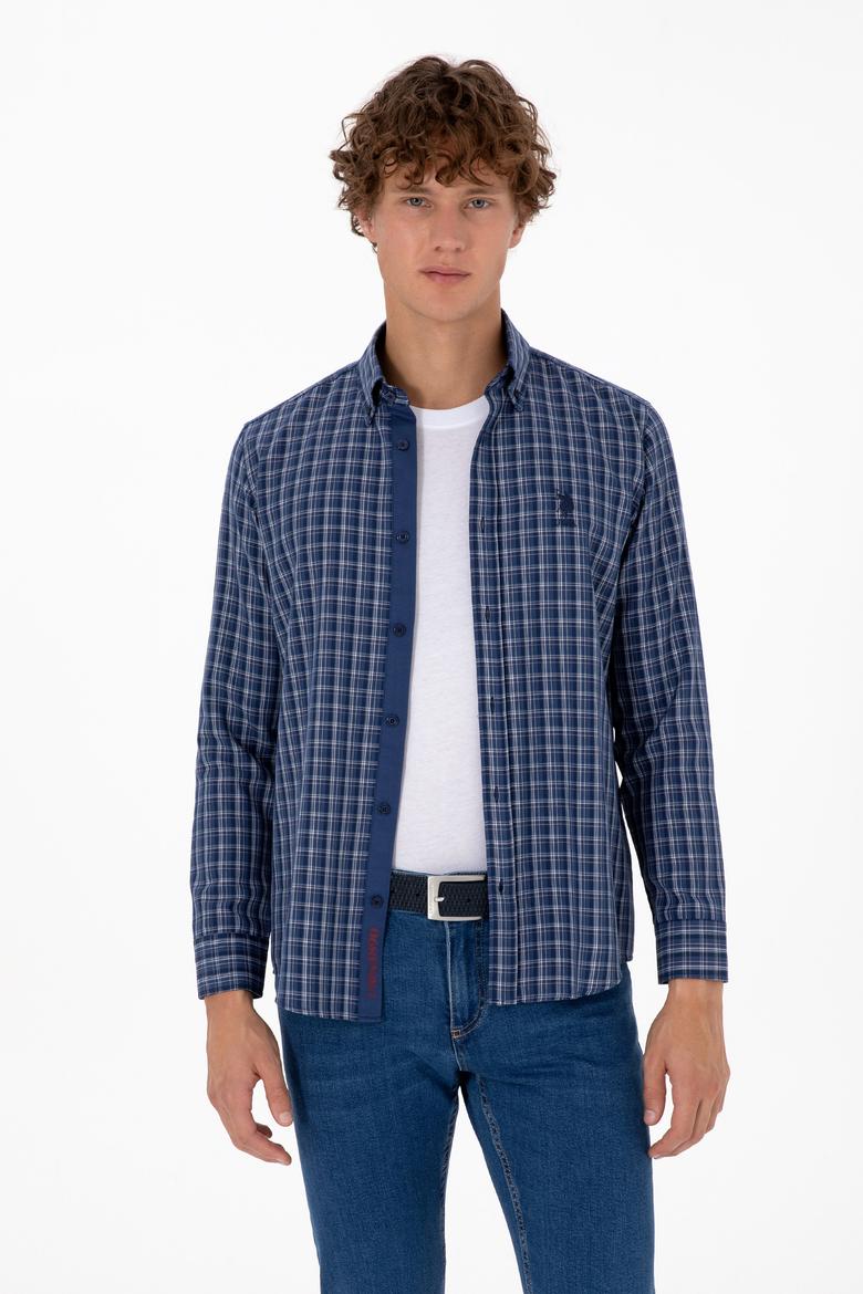 Erkek Mavi Ekoseli Uzun Kollu Lacivert Gömlek