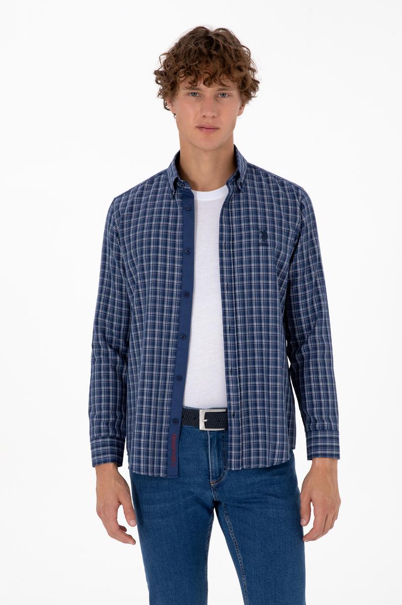 Erkek Mavi Ekoseli Uzun Kollu Lacivert Gömlek