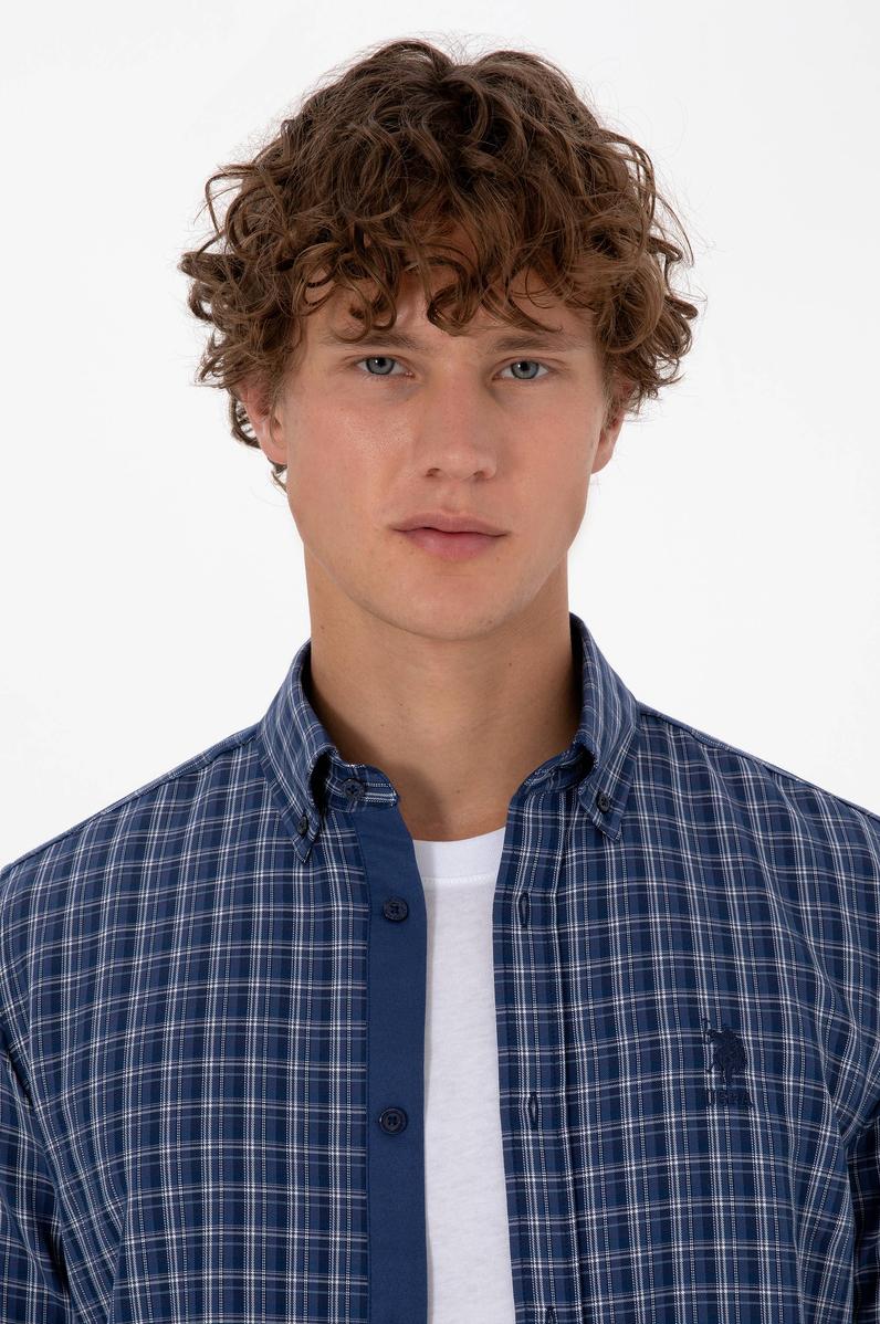 Erkek Mavi Ekoseli Uzun Kollu Lacivert Gömlek