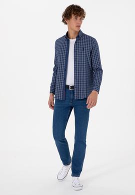 Erkek Mavi Ekoseli Uzun Kollu Lacivert Gömlek - 50316631014
