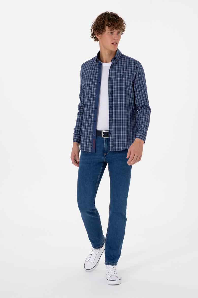 Erkek Mavi Ekoseli Uzun Kollu Lacivert Gömlek - 50316631014