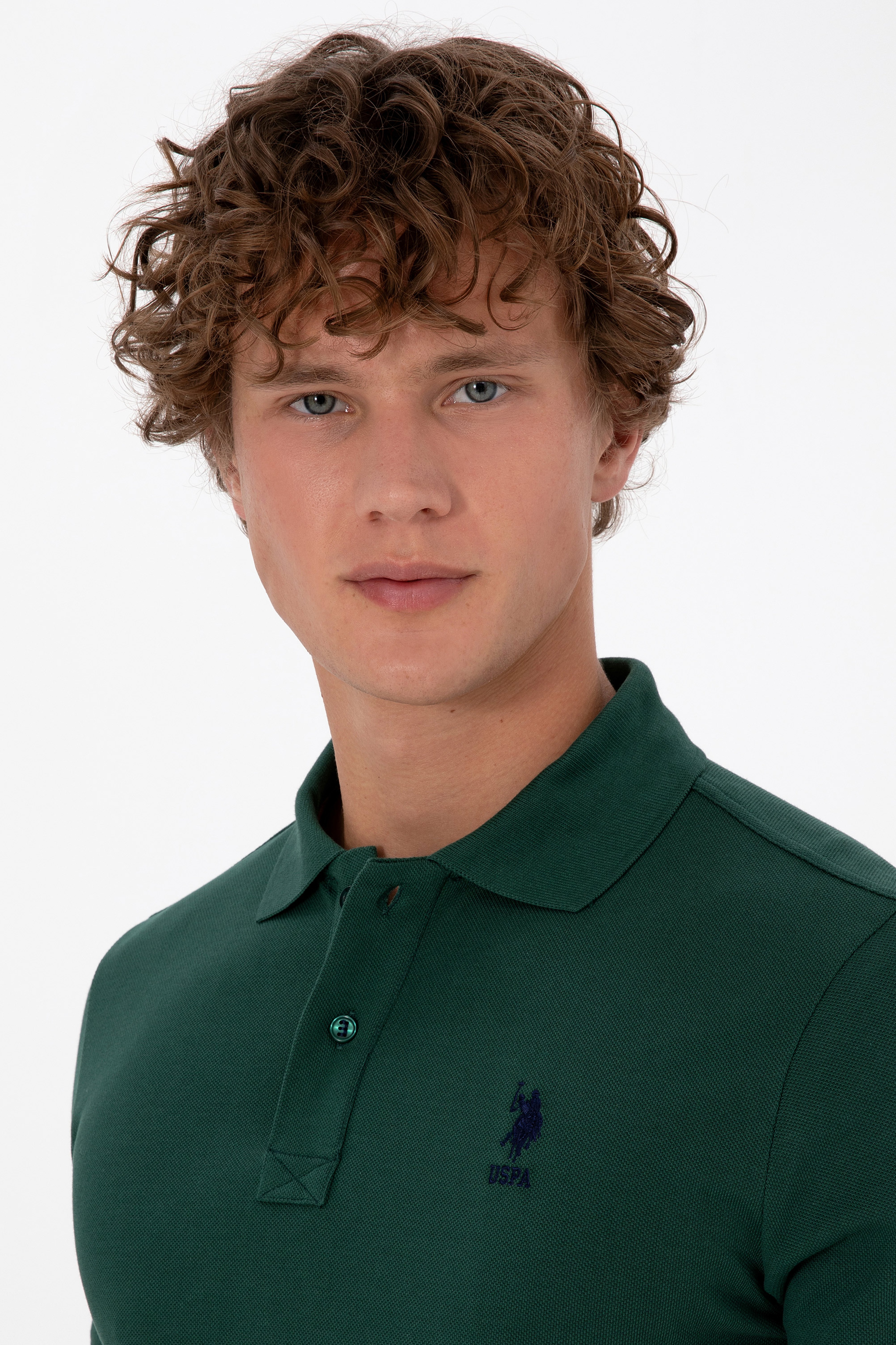 Erkek Koyu Slim Fit Polo Yaka Yeşil Basic Tişört - Image 2