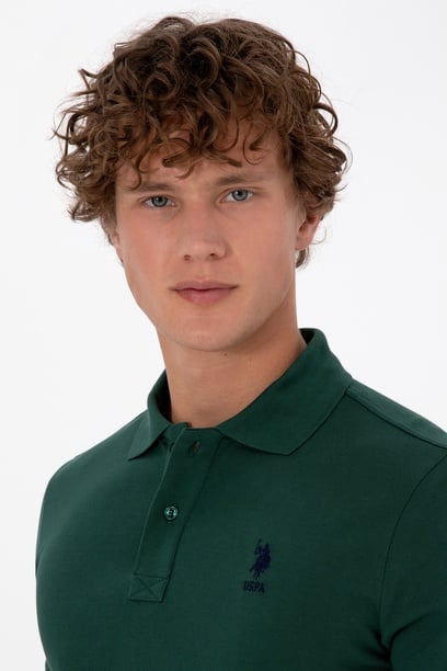 Erkek Koyu Slim Fit Polo Yaka Yeşil Basic Tişört