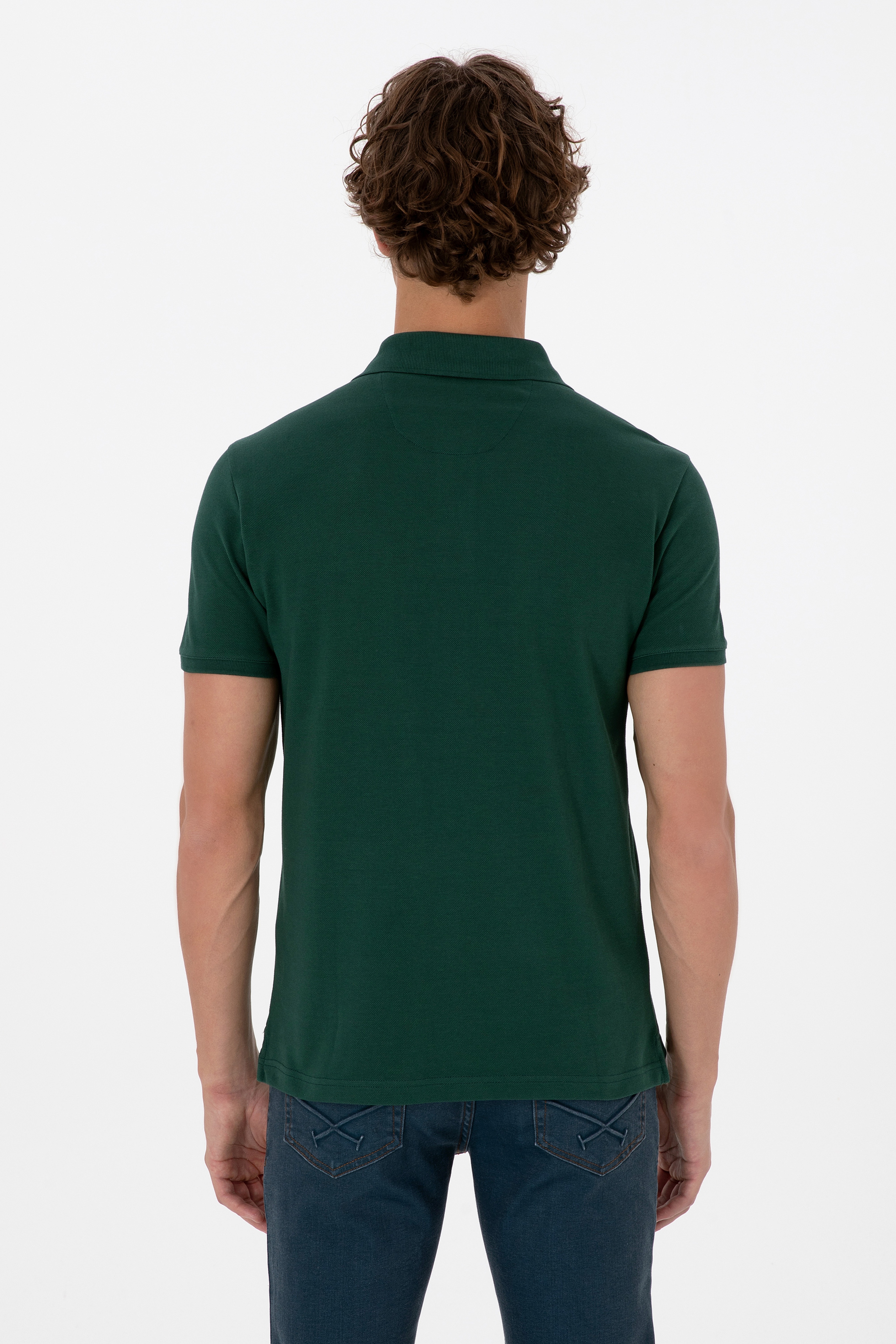 Erkek Koyu Slim Fit Polo Yaka Yeşil Basic Tişört