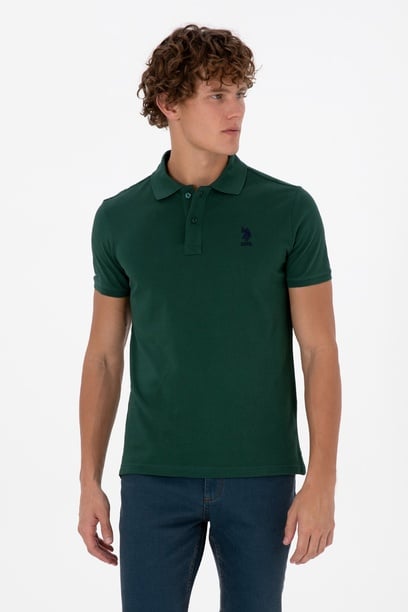 Erkek Koyu Slim Fit Polo Yaka Yeşil Basic Tişört