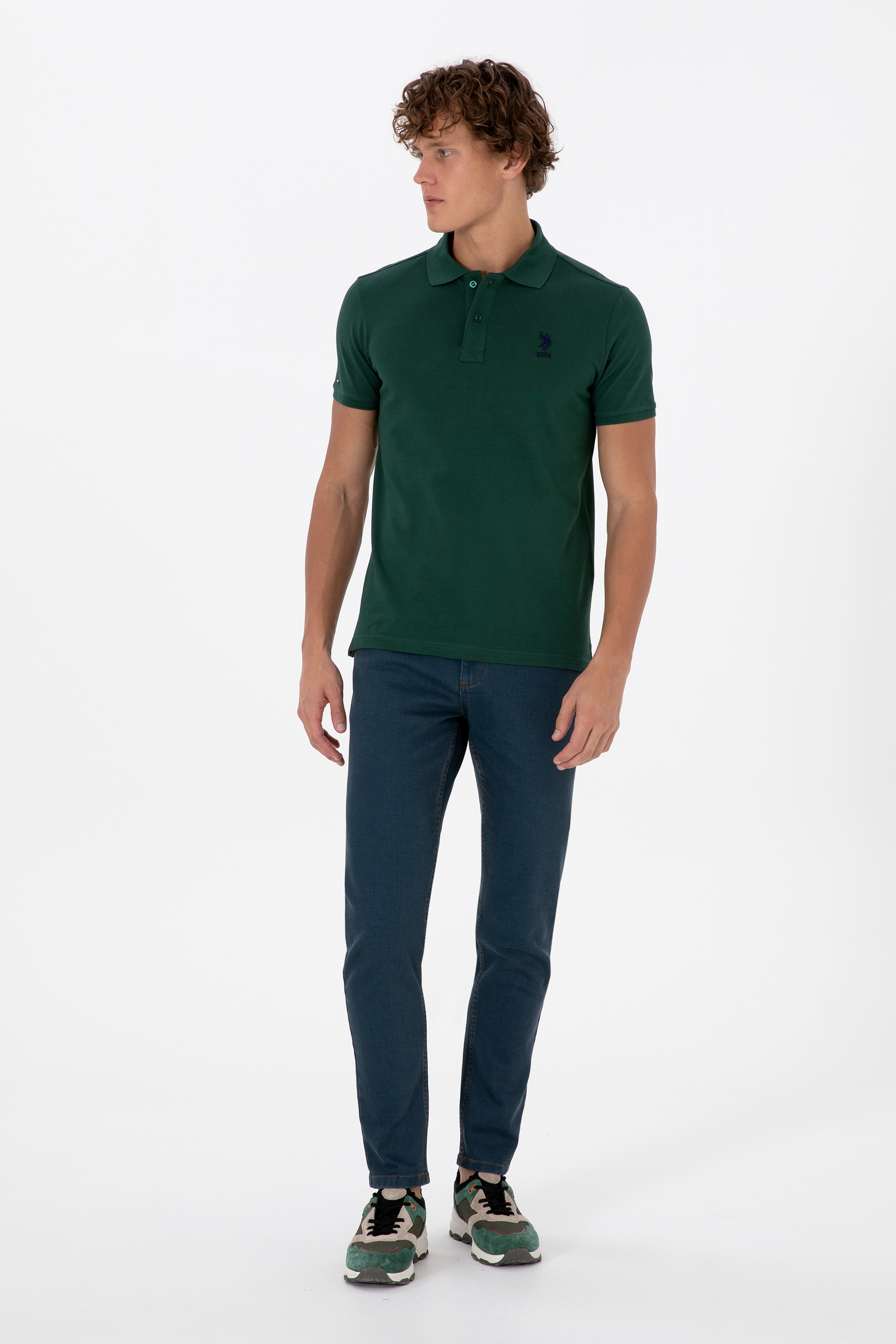Erkek Koyu Slim Fit Polo Yaka Yeşil Basic Tişört - Image 4