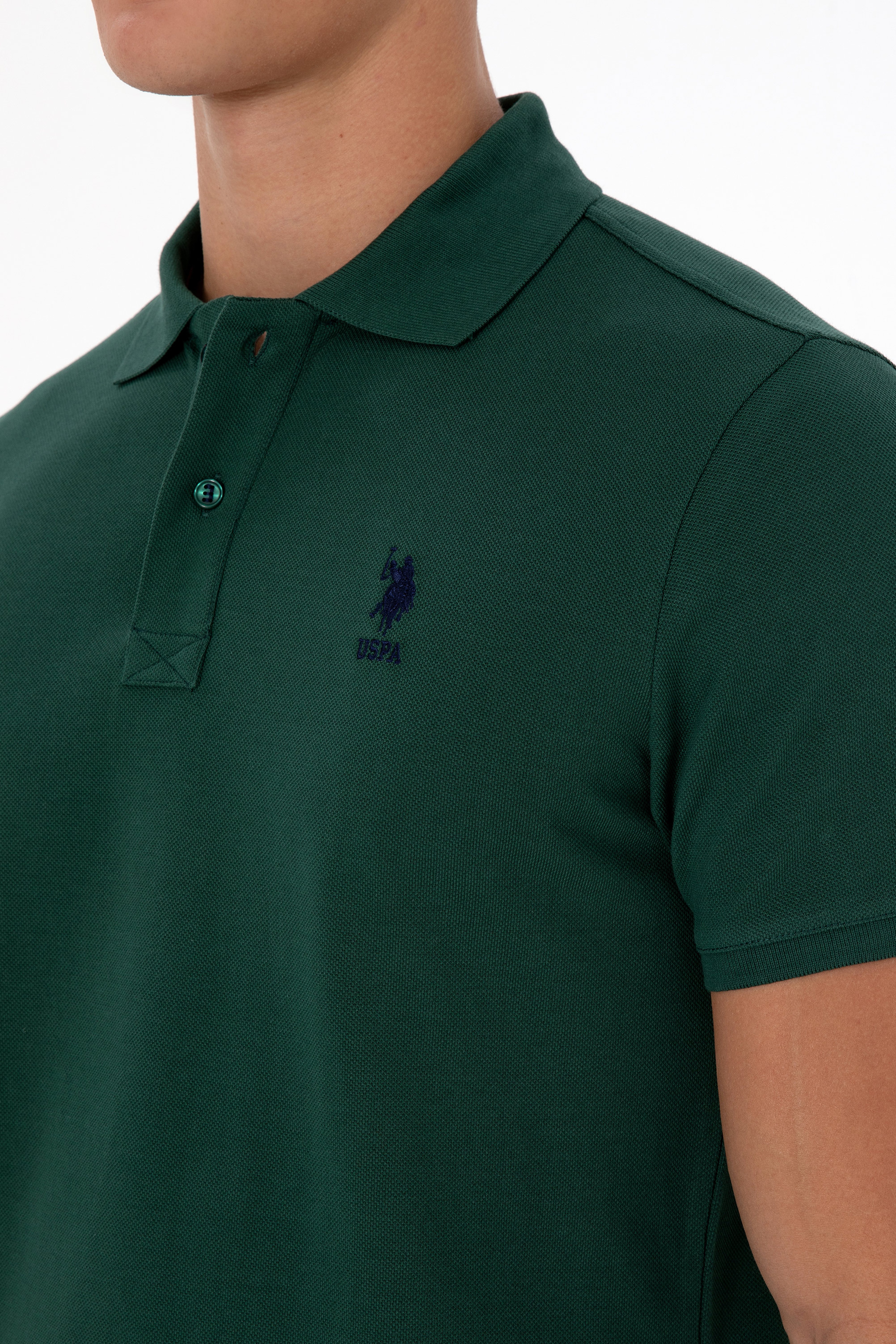 Erkek Koyu Slim Fit Polo Yaka Yeşil Basic Tişört