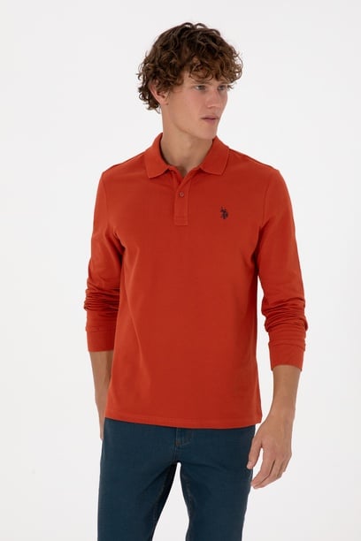 Erkek Regular Fit Polo Yaka Kiremit Basic Sweatshirt