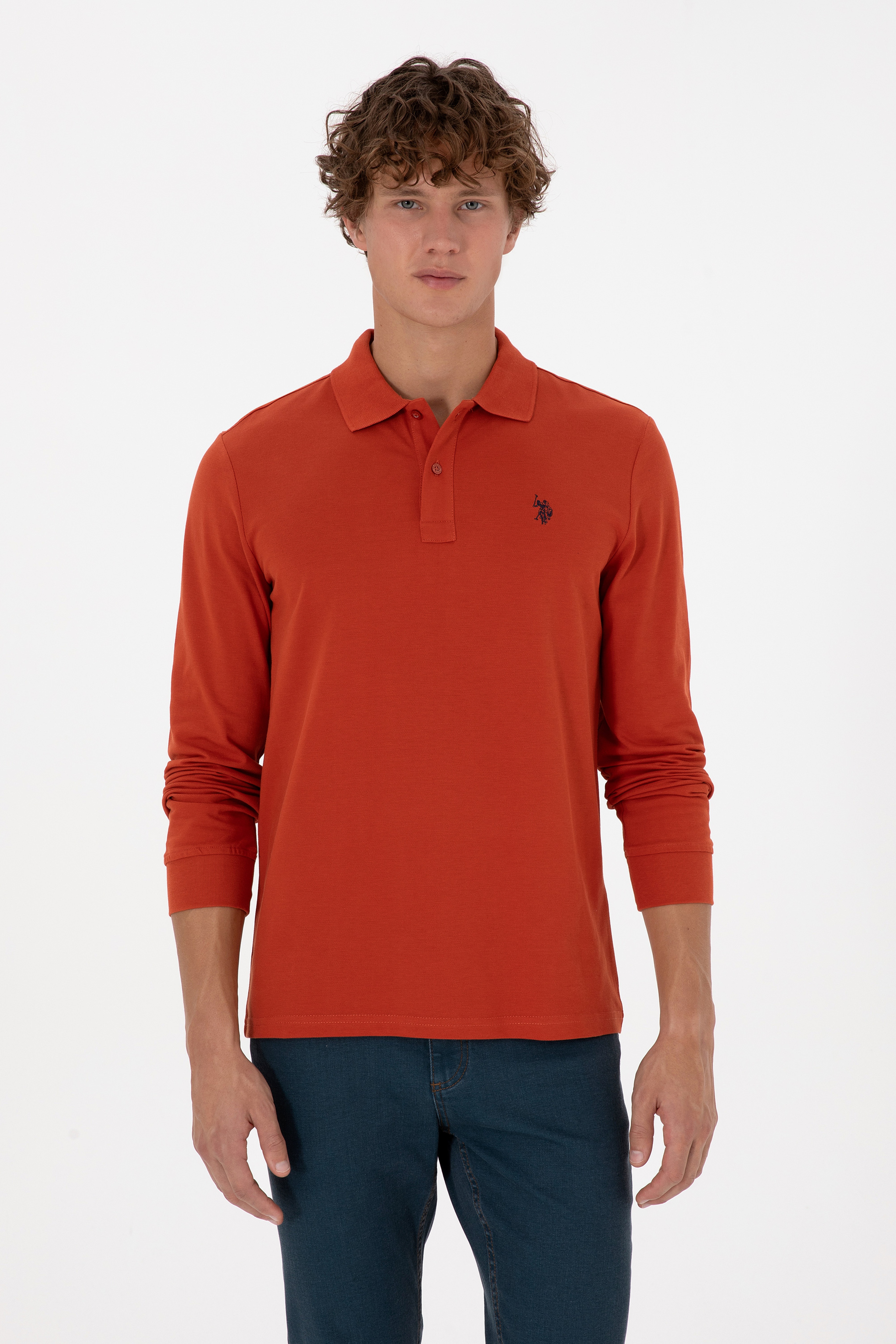 Erkek Regular Fit Polo Yaka Kiremit Basic Sweatshirt