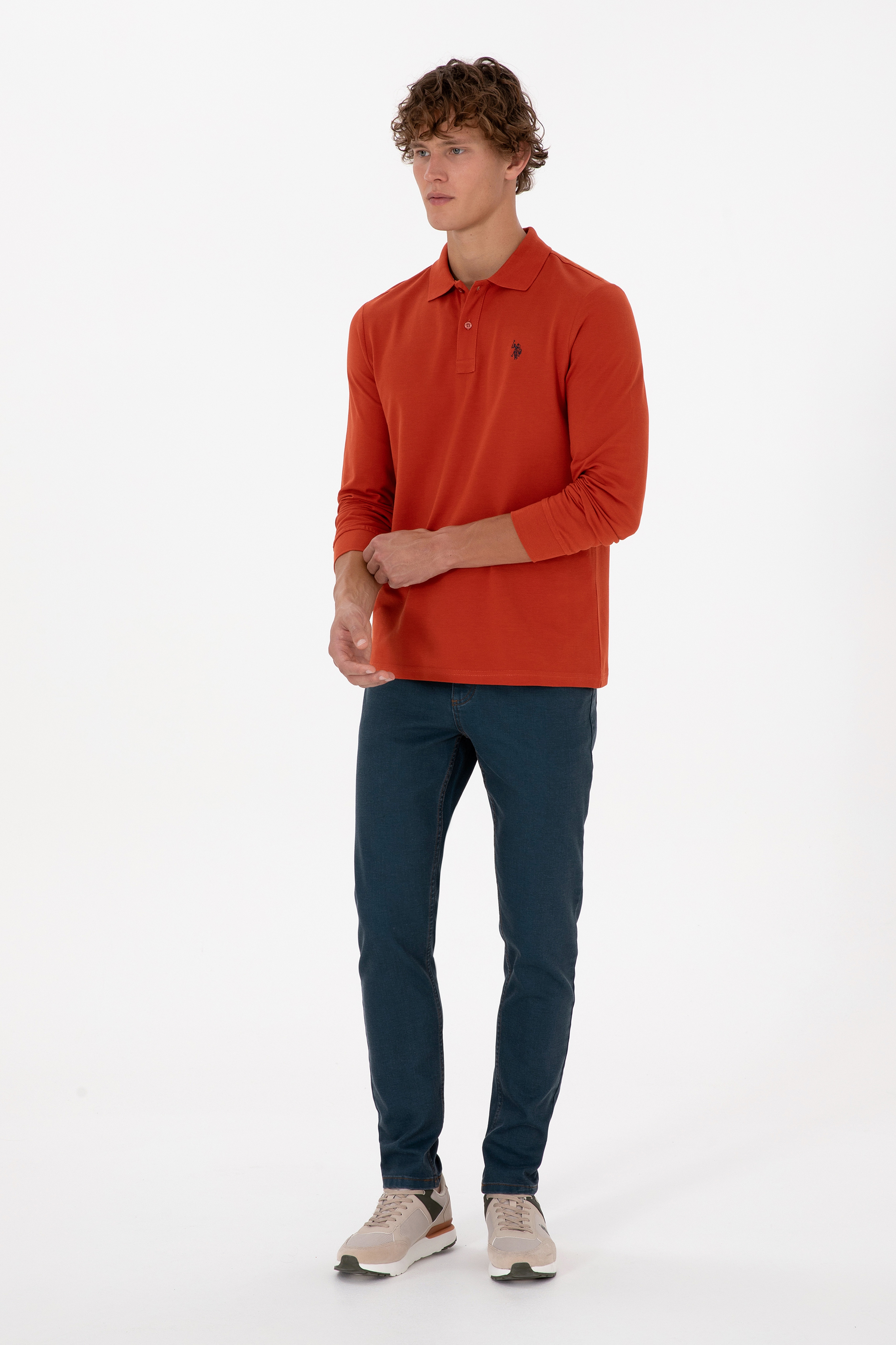 Erkek Regular Fit Polo Yaka Kiremit Basic Sweatshirt