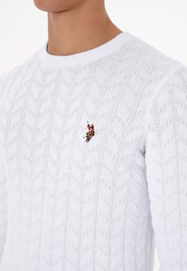 Erkek Slim Fit Bisiklet Yaka Desenli Beyaz Kazak - 50307836069