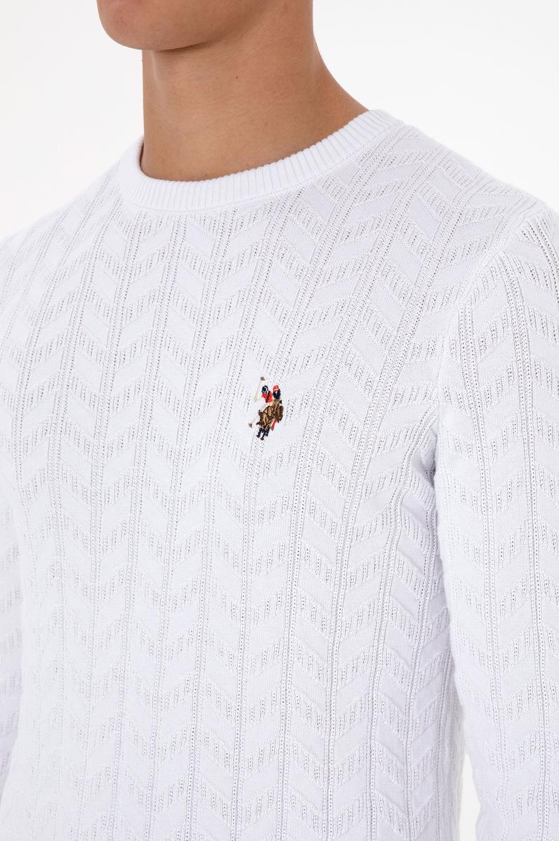 Erkek Slim Fit Bisiklet Yaka Desenli Beyaz Kazak