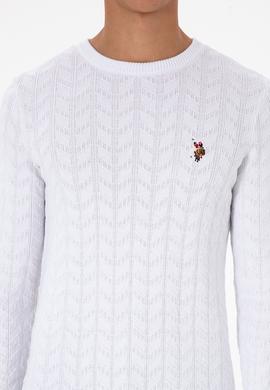 Erkek Slim Fit Bisiklet Yaka Desenli Beyaz Kazak - 50307836069