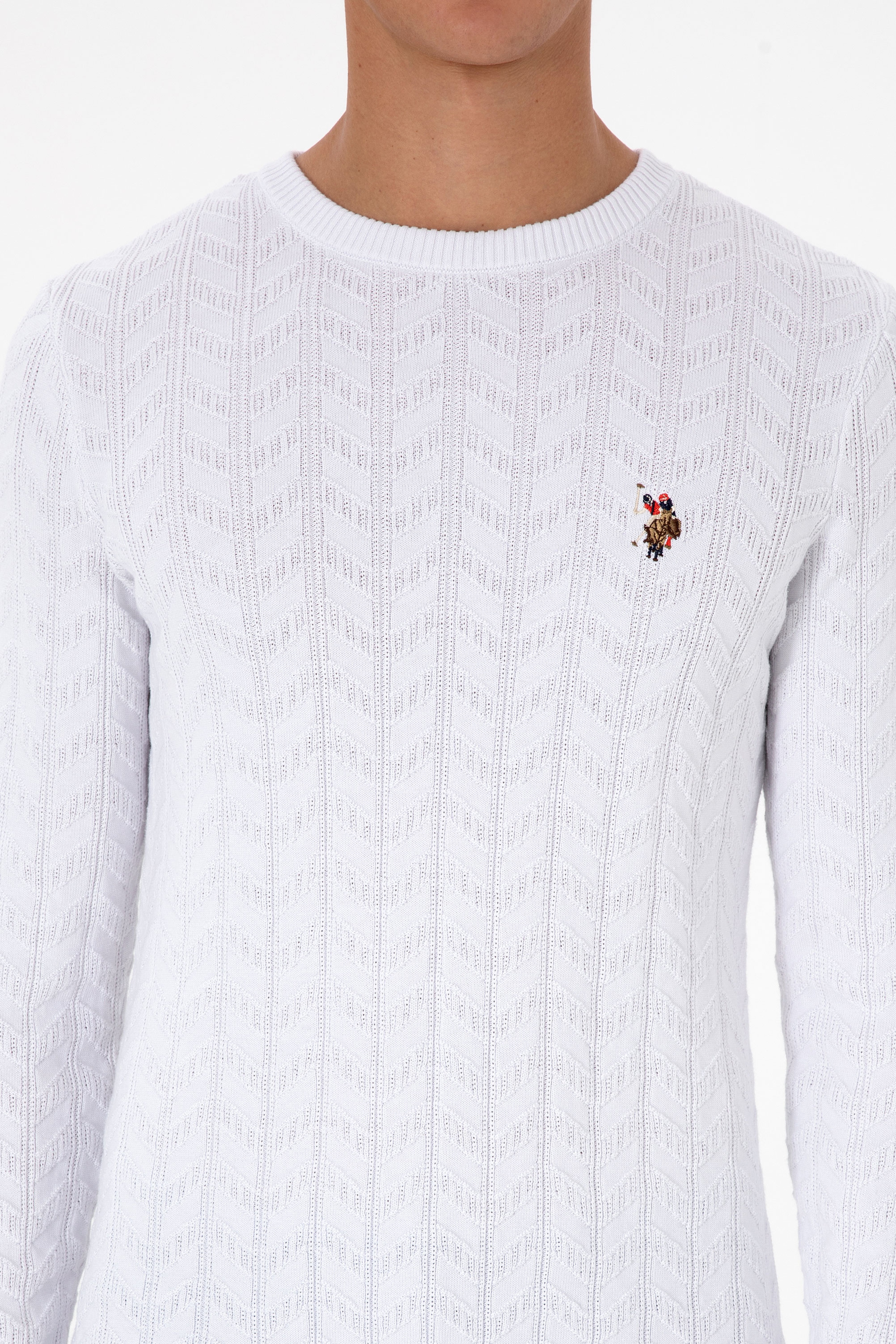 Erkek Slim Fit Bisiklet Yaka Desenli Beyaz Kazak - Image 6