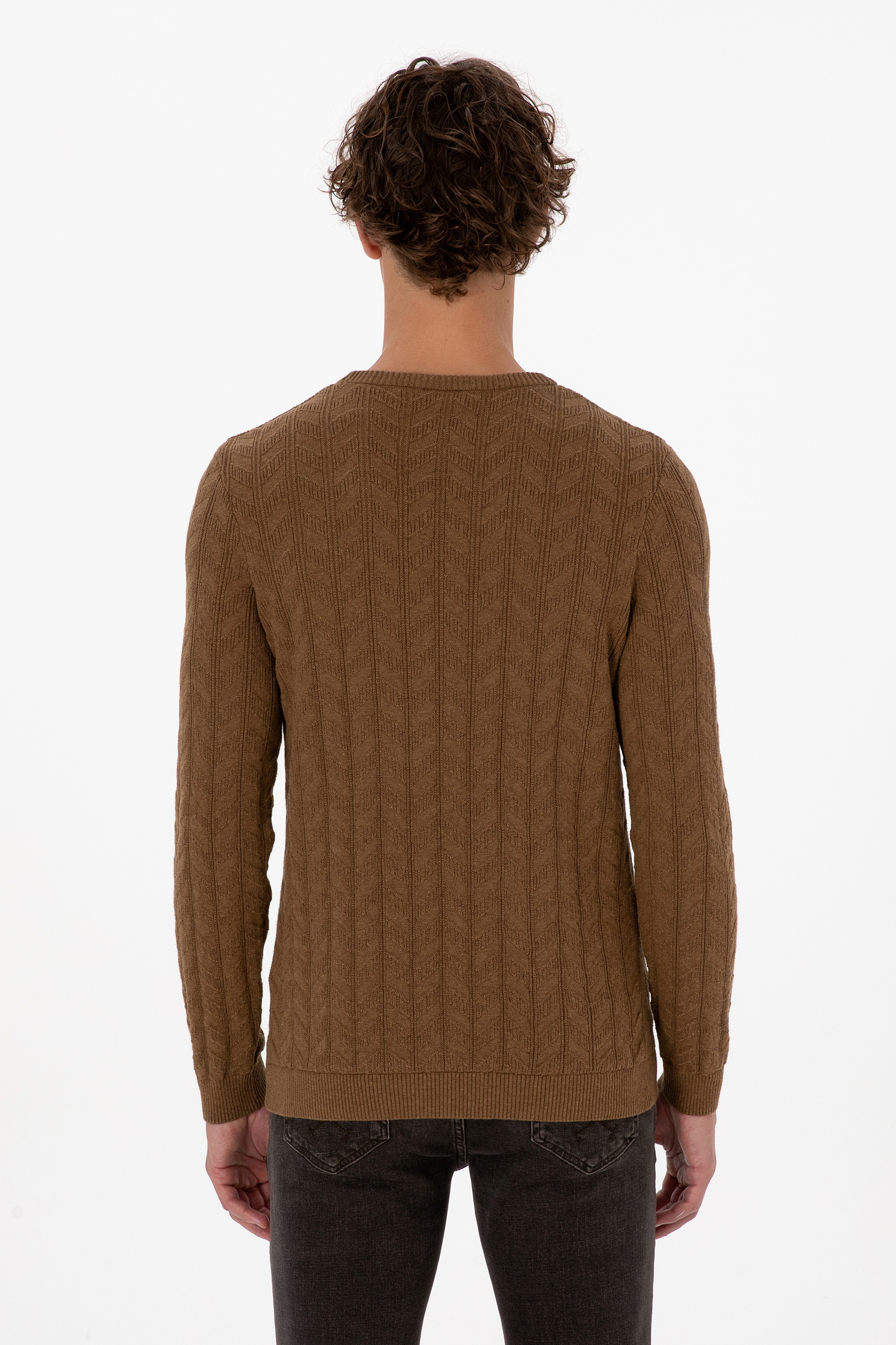Erkek Slim Fit Bisiklet Yaka Desenli Haki Melanj Kazak - Image 5