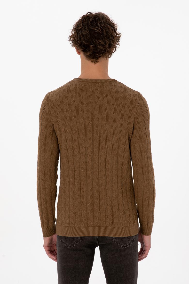 Erkek Slim Fit Bisiklet Yaka Desenli Haki Melanj Kazak - 50307836014