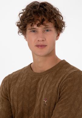 Erkek Slim Fit Bisiklet Yaka Desenli Haki Melanj Kazak - 50307836014