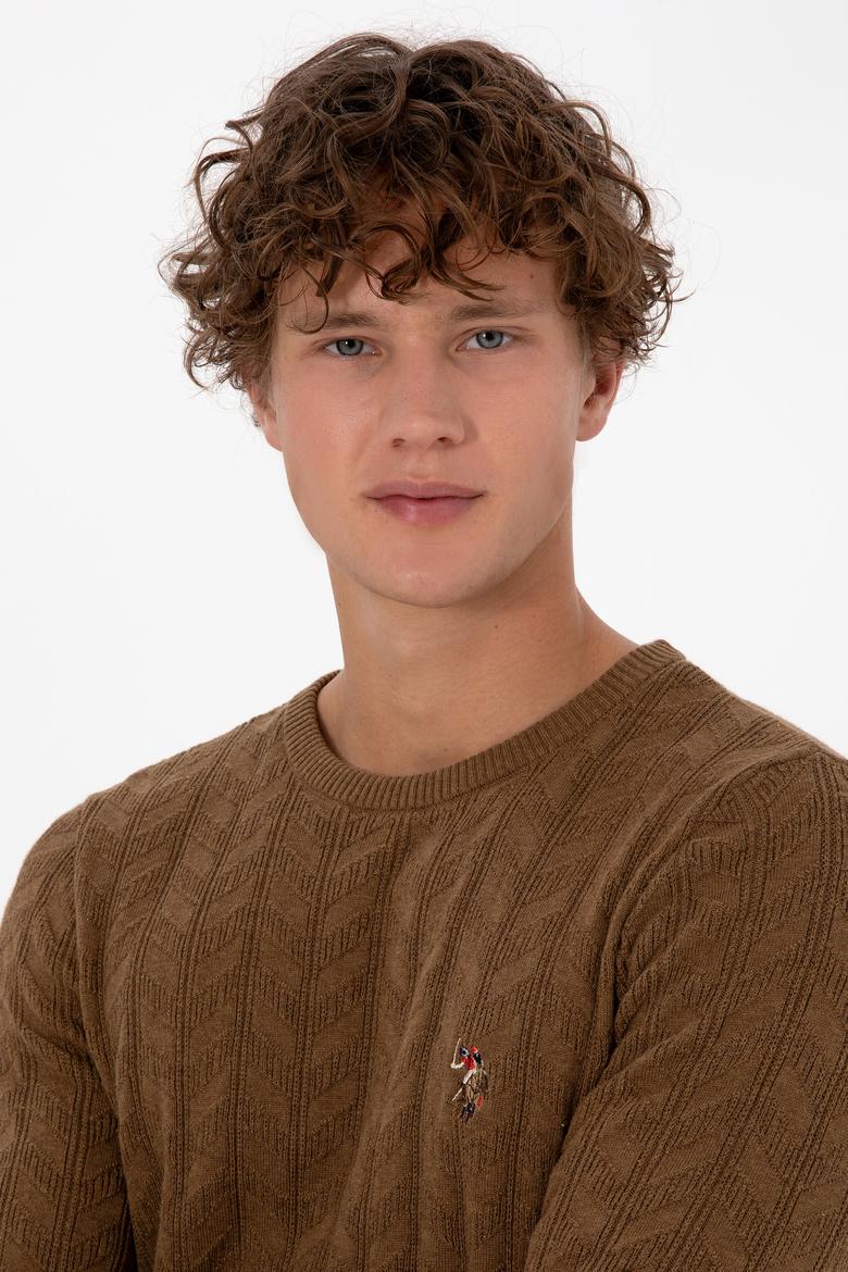 Erkek Slim Fit Bisiklet Yaka Desenli Haki Melanj Kazak - 50307836014