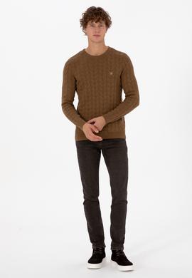 Erkek Slim Fit Bisiklet Yaka Desenli Haki Melanj Kazak - 50307836014