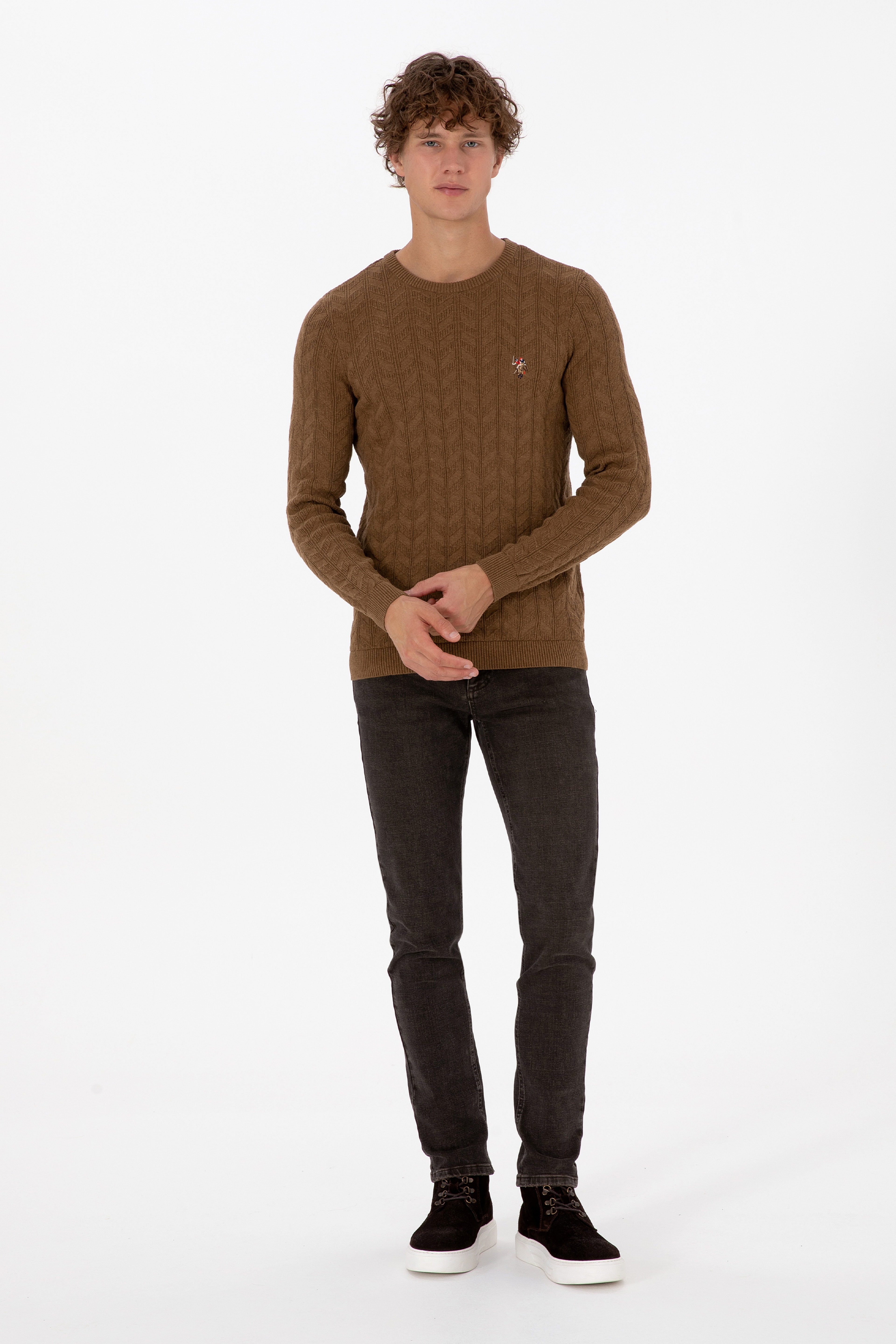 Erkek Slim Fit Bisiklet Yaka Desenli Haki Melanj Kazak
