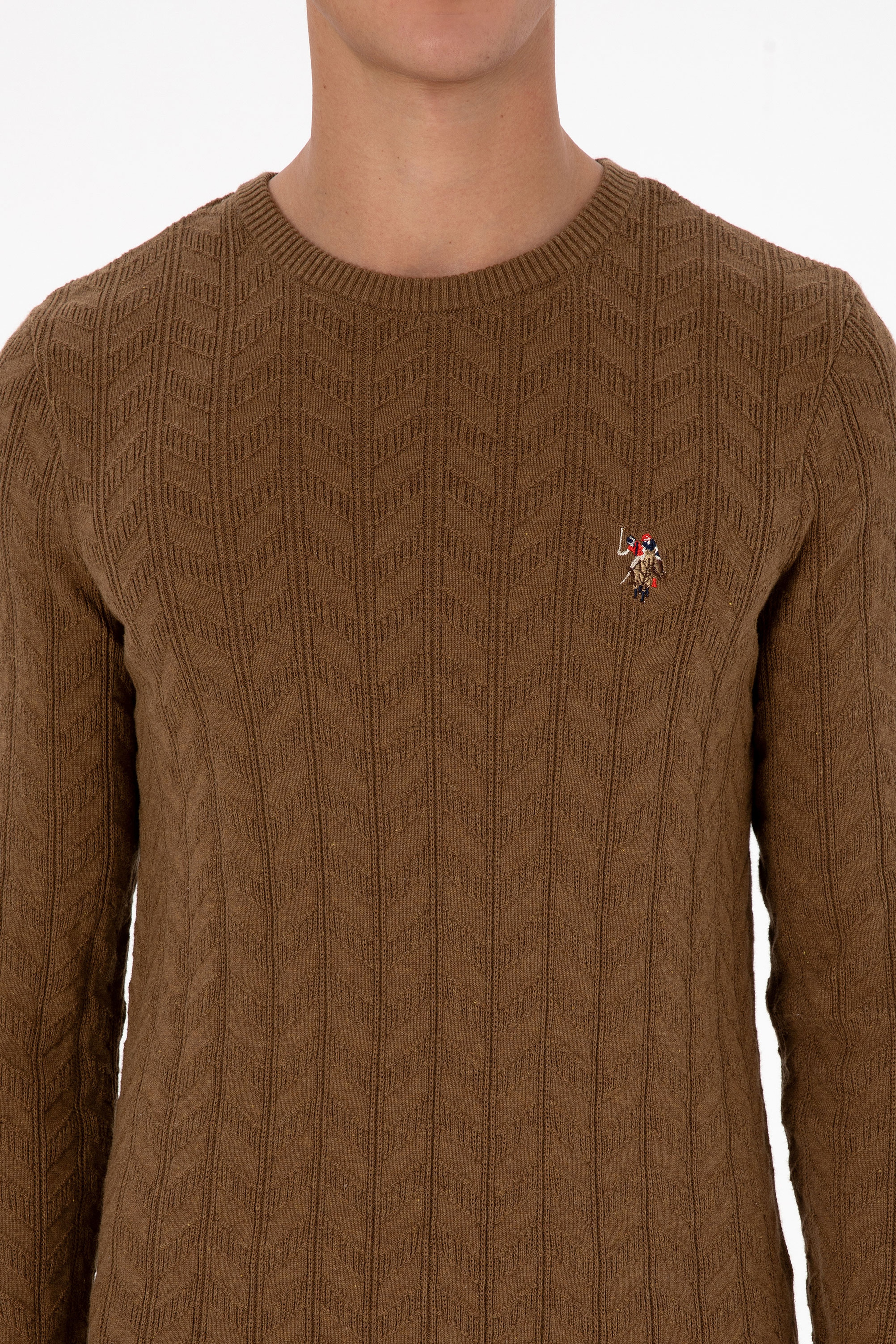 Erkek Slim Fit Bisiklet Yaka Desenli Haki Melanj Kazak