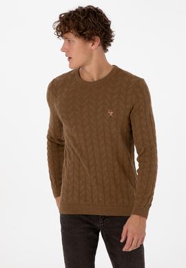 Erkek Slim Fit Bisiklet Yaka Desenli Haki Melanj Kazak - 50307836014