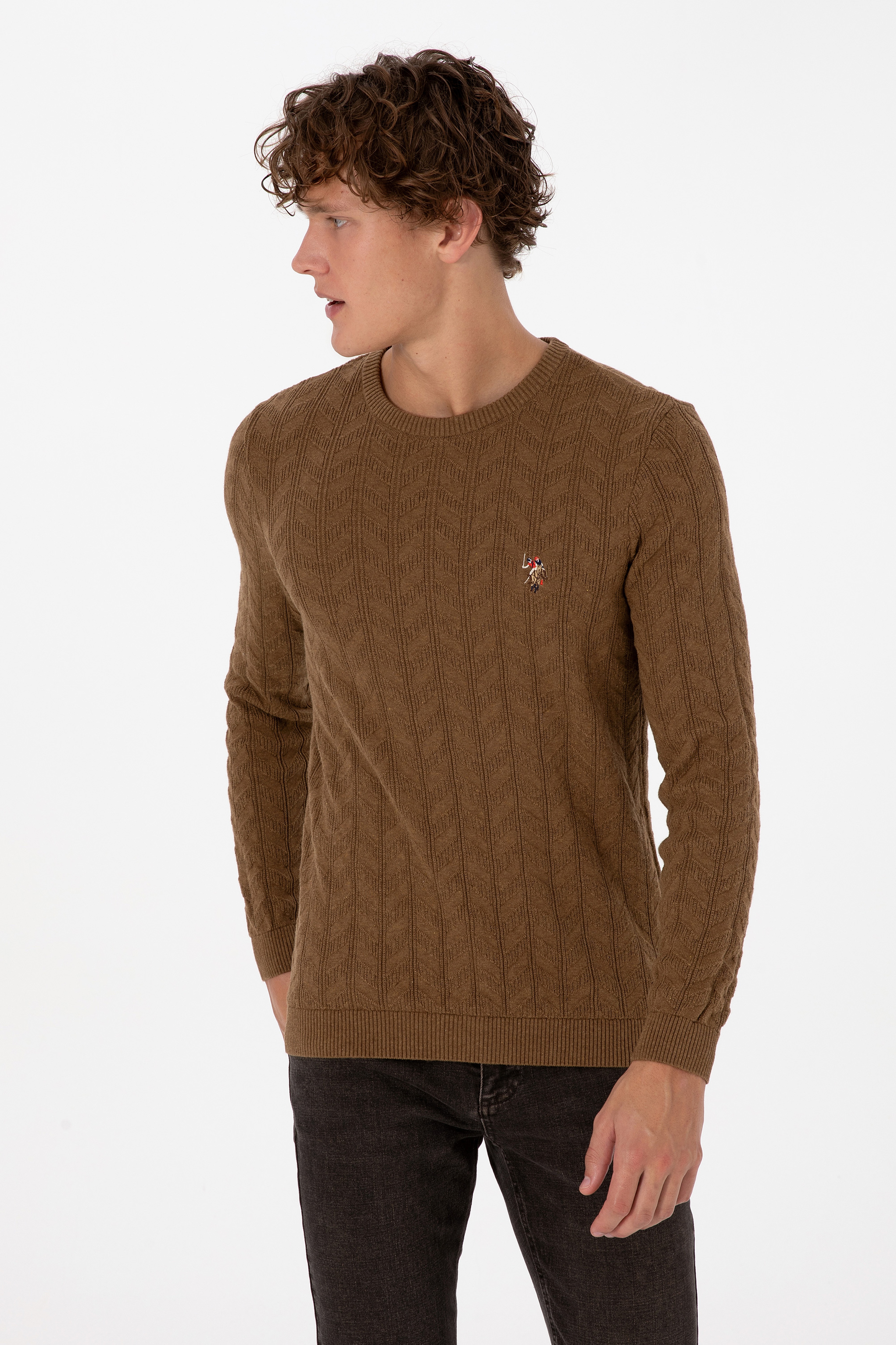 Erkek Slim Fit Bisiklet Yaka Desenli Haki Melanj Kazak - Image 3
